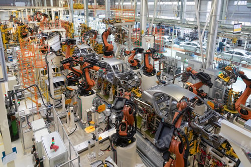 Preview: body of car on conveyor top view. Modern Assembly of cars at the plant. The automated build process