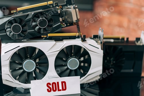 Preview: Graphics cards of various sizes and configurations on black table. Part of computer for gaming and