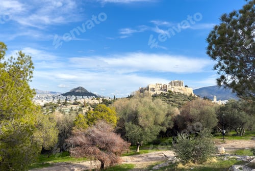 Preview: Athens, Greece. Parthenon, Acropolis hill and mount Lycabettus view from Areopagus hill