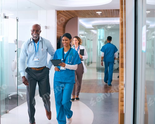 Preview: Busy Corridor In Modern Hospital With Male And Female Medical Staff