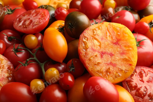Preview: Different ripe juicy tomatoes as background, closeup