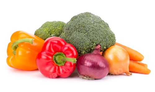Preview: Fresh vegetables: brocolli, bell peppers, carrot, onion isolated on white background