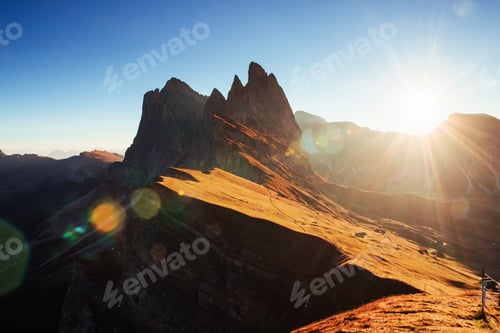 Preview: Hills is on the light. Beautiful sunset in the Italian majestic Seceda dolomite mountains