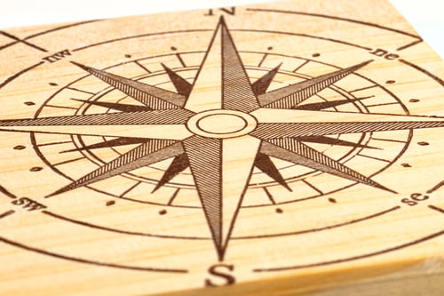 Preview: Macro shot of a compass painted on a wooden plank, small depth of field.
