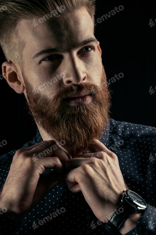 Preview: Close-up portrait of handsome bearded man hipster buttoning shirt