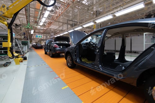 Preview: Assembled car is on the Assembly line. Robotic equipment makes the Assembly of the car. Modern car