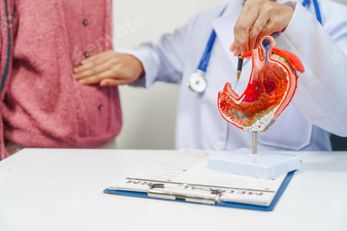 Preview: female medical professional a stethoscope is holding a clipboard, possibly discussing gastritis