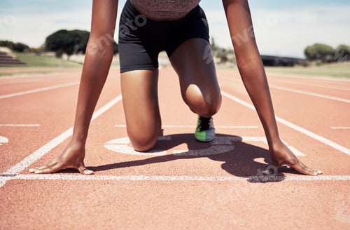 Preview: Start running and sports with black woman on stadium ground for training, stamina and workout. Stro