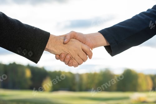 Preview: Handshake of two contemporary successful business partners against green trees