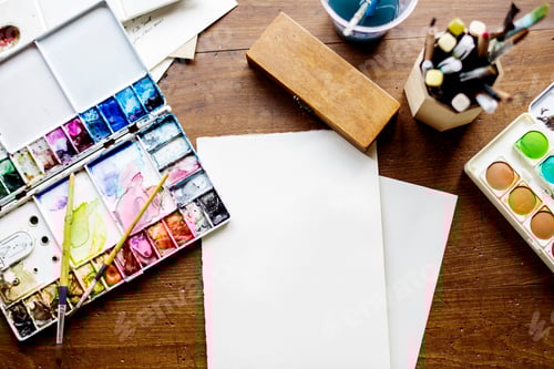 Preview: Watercolor Painting Supplies Laid out on Wooden Table