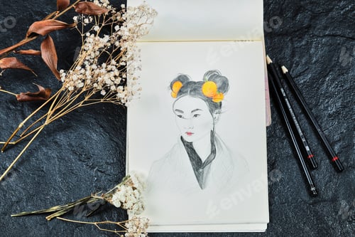 Vista previa: Drawing of woman on the paper with flowers and pencils
