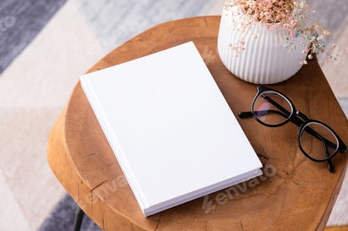 Preview: blank book mockup on coffee table with decoration flowers and colorful rug