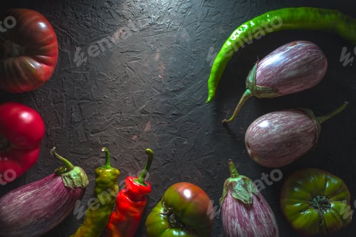 Preview: Half-frame of multi-colored tomatoes, aubergine and chili on a gray table