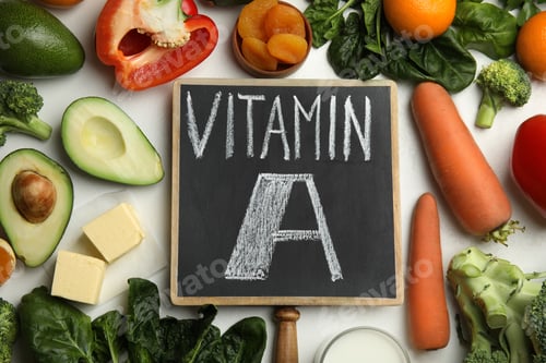 Preview: Chalkboard with phrase VITAMIN A and fresh products on white table, flat lay