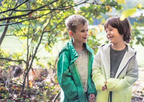 Preview: Two boys in park, standing together, laughing