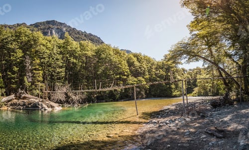 Preview: Landscape view of footbridge crossing river Azul, Cajon del Azul near El Bolson, Patagonia,