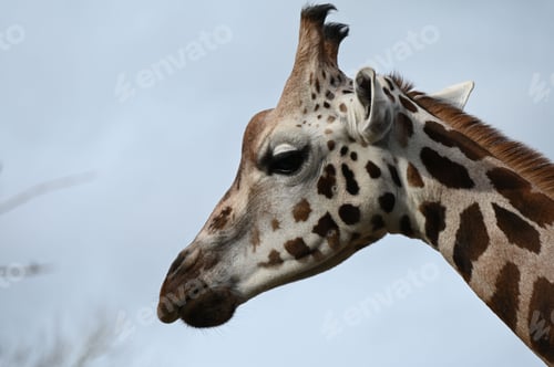 Preview: Close-up of a giraffe against a cloudy sky in the background