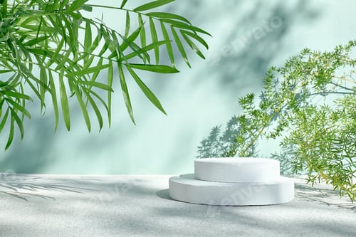 Preview: White cylinder podium display and palm leaves on pastel light green surface for product presentation