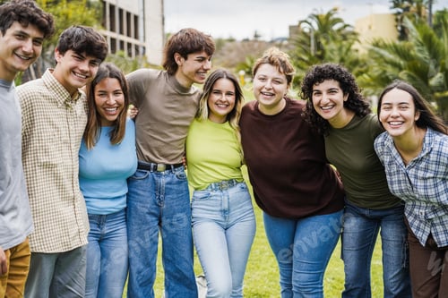 Preview: Young group of friends having fun outdoor with university on background