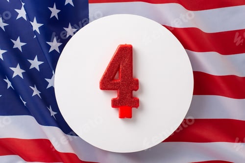 Preview: US Independence Day concept. Top view photo of circle with number four surrounded by american flag