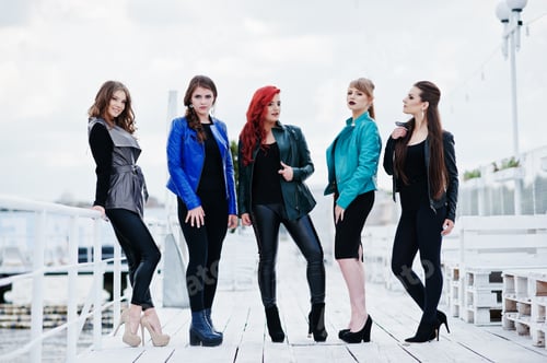 Preview: Five beautiful young girls models at leather jackets posing on berth.