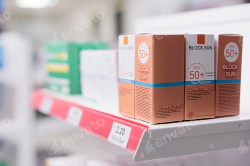 Preview: Selective focus of pharmacy shelves full with spf products and pharmaceuticals pills boxes