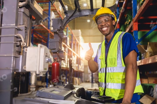 Preview: African black people worker happy working control forklift cargo loading in warehouse inventory