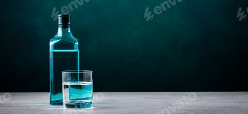 Preview: Dry gin in glass with sapphire blue bottle on dark green background