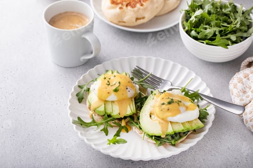 Preview: Healthy egg benedict with avocado and arugula