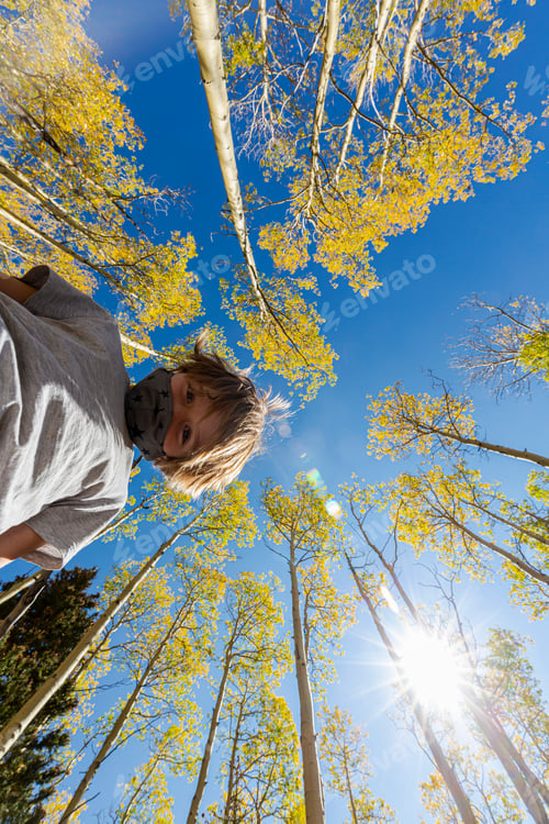 Preview: looking up at young boy wearing COVID mask with autumn aspens above