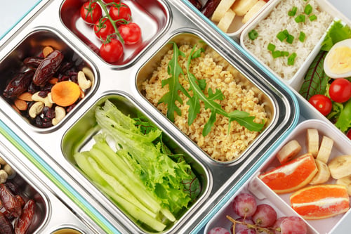 Preview: Many containers with delicious healthy food for background