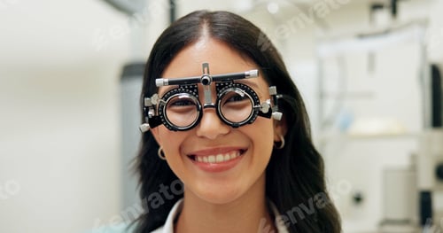 Preview: Portrait, happy woman and test frame for eye care, vision and healthcare in clinic. Face, smile and