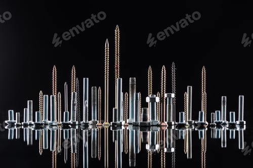 Preview: Various White And Yellow Metallic Screws Isolated on Black With Copy Space