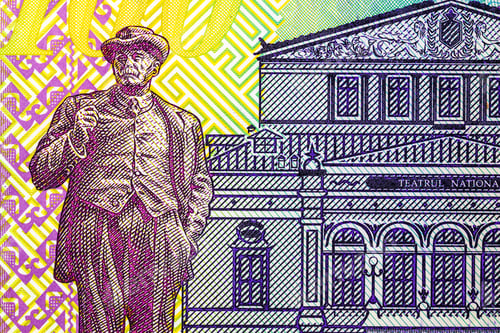 Preview: Overhead shot of a Romanian LEI banknote fragment - concept of finance