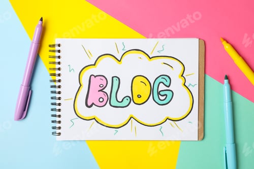 Preview: Notebook with drawing Blog on multicolor background