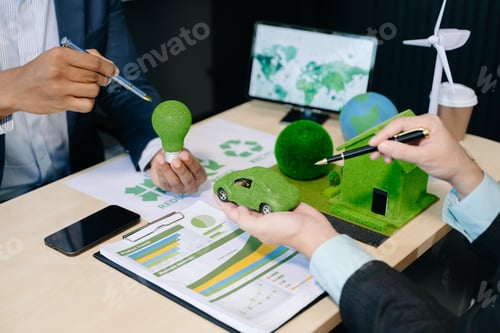 Preview: Business team people planning hand using laptop for working technology and business Net zero