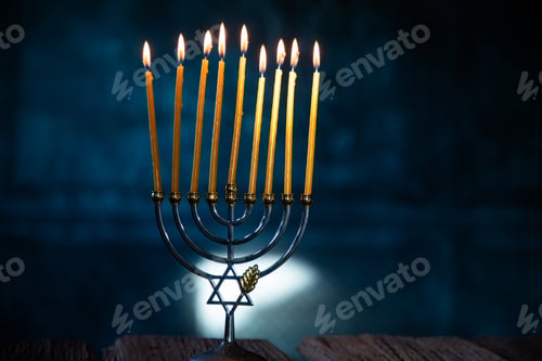 Preview: Glowing Hanukkah Menorah with Candles on Wooden Table