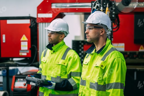 Preview: Technicians engineers holding robot controller repairing robotic machine