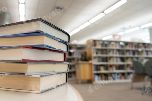 Preview: Stack of books on table at library