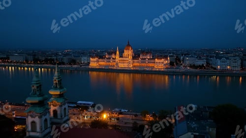 Preview: Aerial view of Budapest Hungarian Parliament Building at night, Hungary