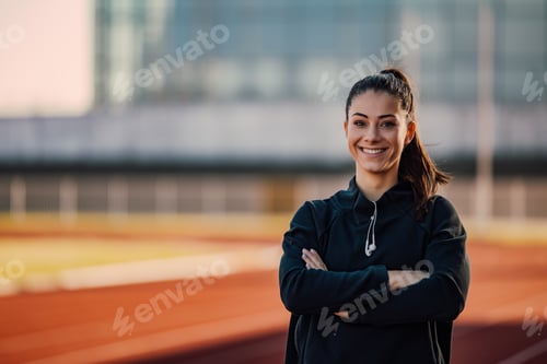 Preview: Sportive girl posing for picture, dressed sporty.