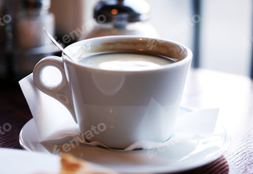 Preview: Cafe. Cup of delicious coffee on the table