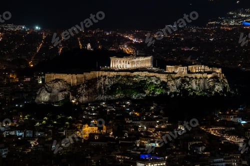 Preview: Aerial view of cityscape Athens surrounded by buildings in night