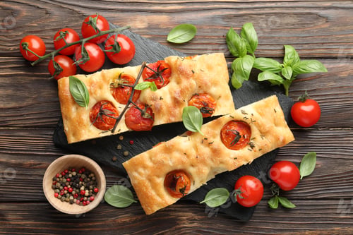 Preview: Pieces of delicious focaccia with tomatoes and spices on wooden table, flat lay