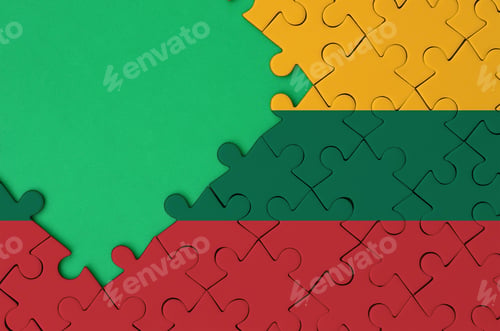 Preview: Lithuania flag is depicted on a completed jigsaw puzzle with free green copy space on the left side