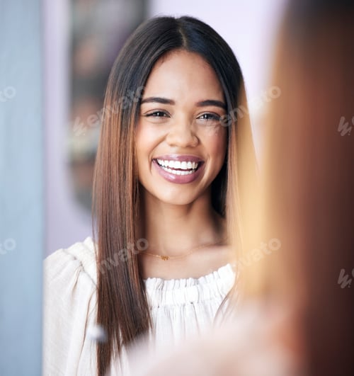 Preview: Happy, smile and portrait of a woman in a mirror after doing her cosmetic, makeup or facial routine