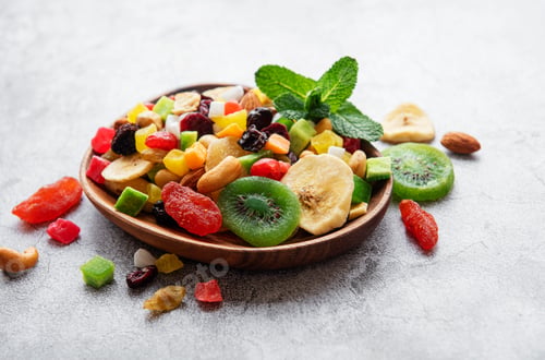 Preview: Metal tray with different types of dried fruits