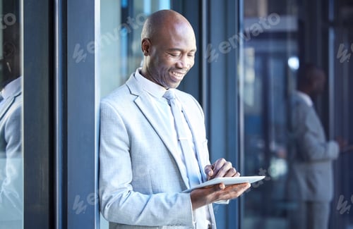 Preview: Happy, corporate or businessman with tablet in hand for communication or 5g social media network ap