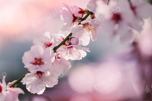 Preview: Almond blossom in springtime. Blooming almond tree with white and pink flowers.