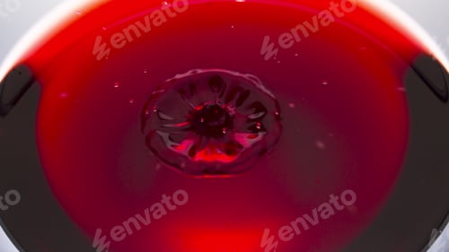 Preview: Red wine drop falling super slow motion macro. Closeup waving rose liquor glass